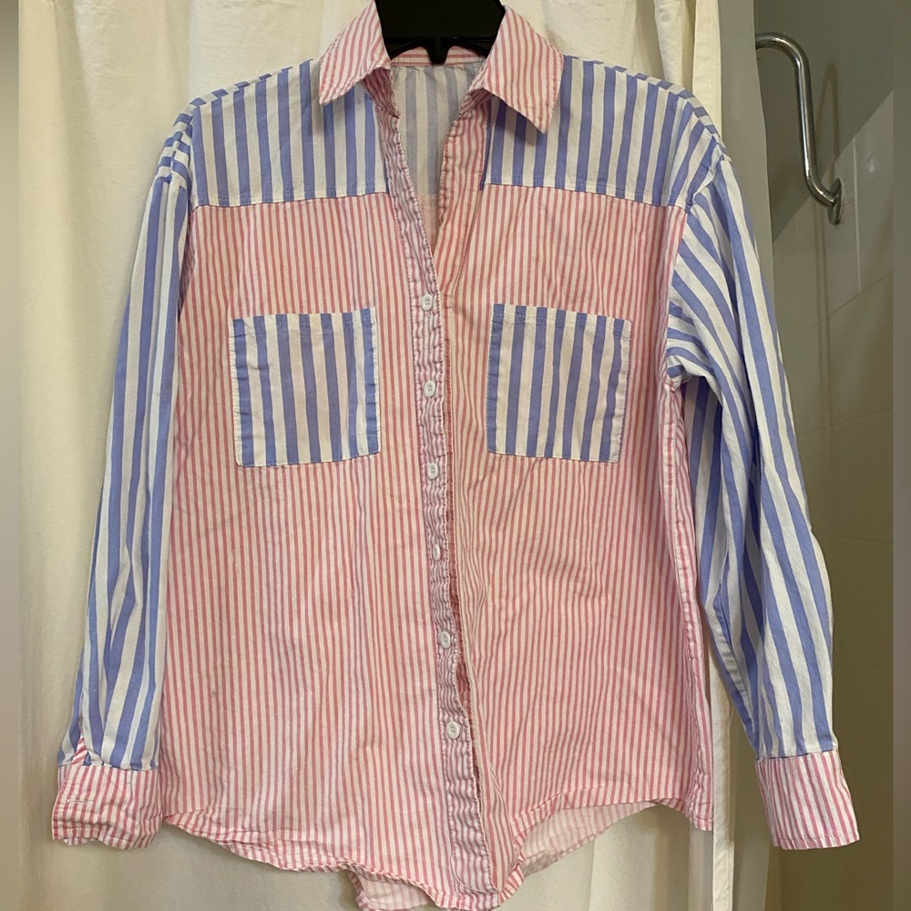 Lightweight Cotton LS Button Down Shirt.  Pink, Blue and White Stripes.  Vintage